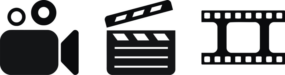 video icons. shooting set icon. Film shooting, camera, old film, clapboard symbol for app, website, design element. movie concept. vector illustration on transparent background