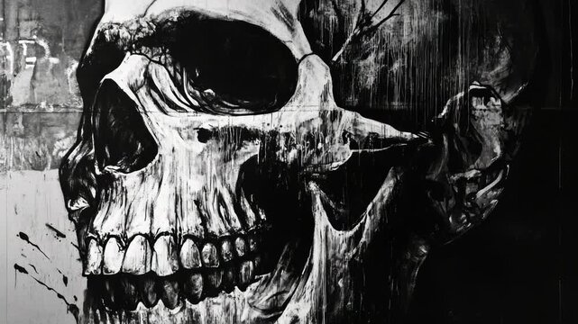 A close-up image of a skull painted in black and white on a wall