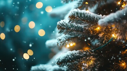 A snowy Christmas tree adorned with warm lights, creating a festive atmosphere.