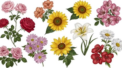 A collection of various flowers including roses sunflowers and lilies isolated - Powered by Adobe