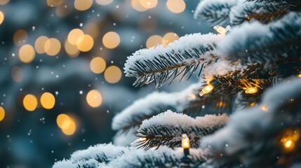 Snow-covered tree branches adorned with warm lights, creating a cozy winter atmosphere.