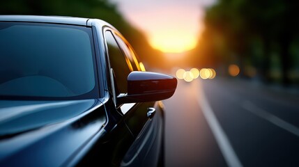 A black car is on a road with a sunset in the background