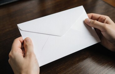 Obraz premium Woman holding a white envelope with a flap on a wooden surface