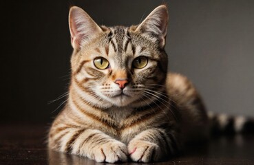 Fototapeta premium A close-up of a tabby cat lying on a dark surface with a neutral background