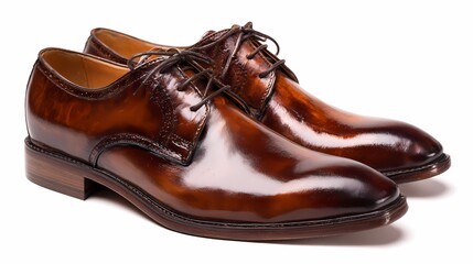Pair of brown leather dress shoes shines on white backdrop. For advertising, fashion blogs, or website design.