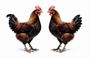 Fototapeta premium Two roosters facing each other with vibrant feathers and combs on a white background