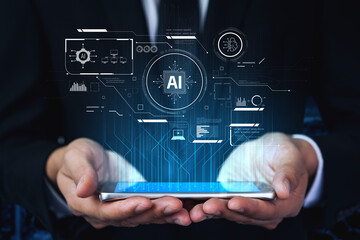 AI interface showing how artificial intelligence powers systems. AI Artificial intelligence transforms data, enables automation, and AI artificial intelligence drives innovation. Vouch