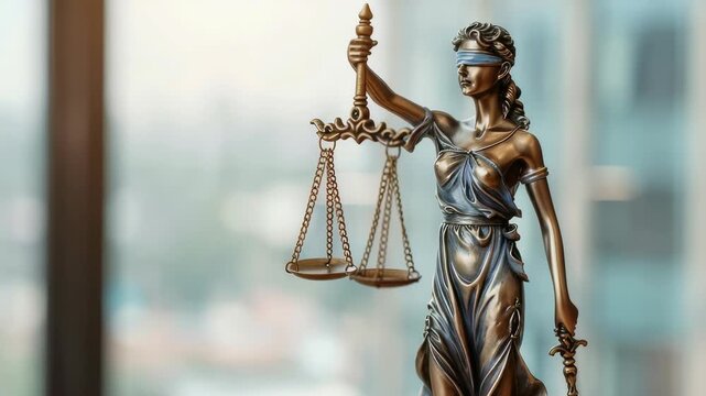 Bronze-colored statue symbolic figure representing justice. figure is blindfolded, holding scales in one hand, sword in other. statue is in front blurred cityscape background.