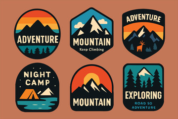Retro Adventure Badge Vector Set – Mountain Camping Emblems, Outdoor Exploration Logos, Hiking and Wilderness Patch Collection for Travel Branding, Nature Graphics, Vintage Campfire Icons