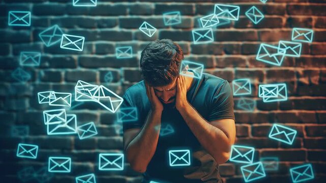 Overwhelmed adult coping with digital communication in modern world