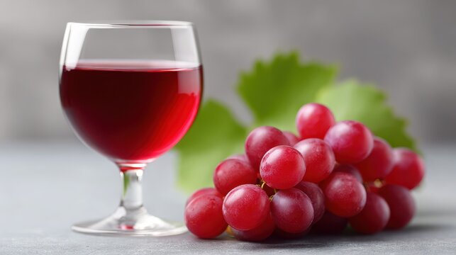 A glass of red wine is poured into a wine glass next to a bunch of red grapes