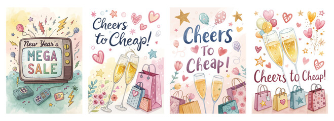 Naklejka premium Set of four posters featuring vibrant New Year sales with champagne glasses shopping bags and festive motifs