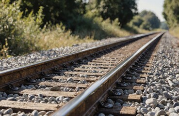 Fototapeta premium A railway track extends into the distance along a gravel path surrounded by greenery