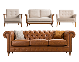 Set of Interior Double-Seat Sofas and Couches, Isolated on Transparent Background