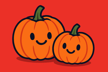 A Halloween-themed vector set featuring orange pumpkins and squash with spooky, scary, and horror facial expressions on a red background, comprising a collection of vector illustration elements