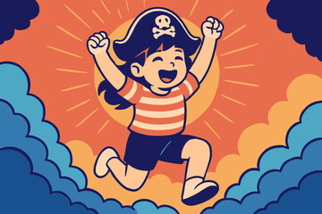 Naklejka premium A dancing little pirate girl with a cocked hat and a skull is depicted as a redhead kid in a Halloween costume, laughing, as a vector character for parties, invitations, websites, and mascots