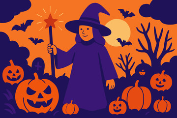Fototapeta premium Fun line art for coloring featuring a Halloween witch surrounded by pumpkins, bats, and a full moon