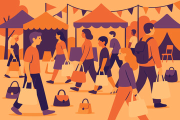 A vibrant outdoor market filled with diverse stalls and adorned with a string of flags is a popular destination for shoppers, ideal for representing local commerce and community