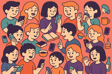 A set of linear vector icons and illustrations featuring diverse individuals using smartphones and computers for various online activities