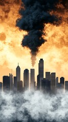 Obraz premium Dark Smoke Rising Over Urban Skyline at Sunset Environmental Impact Carbon Recycling Factories Cityscape