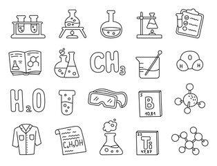 Chemistry lab set in outline line art showing various scientific objects including glassware equipment tools formula safety items notes checklist used for experiments