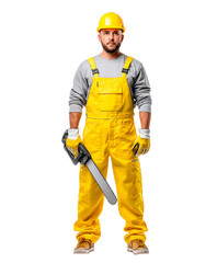 Male carpenter in protective gear holding saw, ready for work in a construction site environment