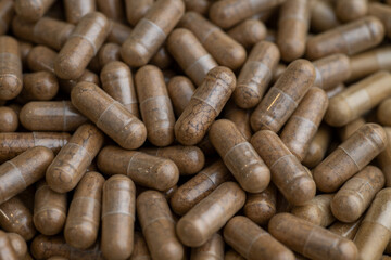 Close up of Light Brown Capsules Filled with Natural Supplement Powder