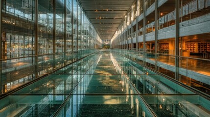 Obraz premium Modern glass-walled hallway with reflecting floor