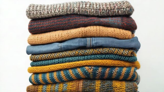 A pile of sweaters stacked on top of each other, perfect for organizing or displaying your favorite knitwear