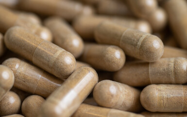 Close up of Light Brown Capsules Filled with Natural Supplement Powder