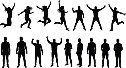 Silhouettes of men and women jumping, celebrating, standing, various poses, black vector figures, isolated on white background, flat design, energetic, happy, dynamic movement