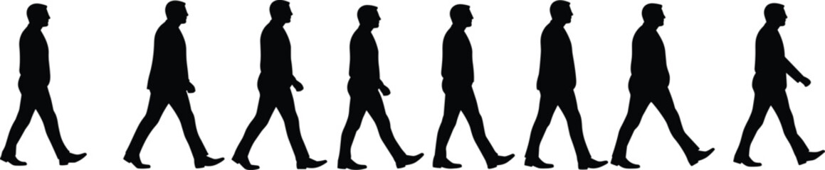 Silhouettes of men walking in sequence, side view, black vector figures, multiple poses, isolated on white background, flat design, motion concept, business casual style