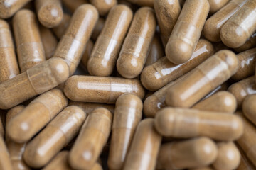 Close up of Light Brown Capsules Filled with Natural Supplement Powder