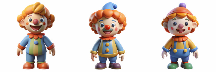 Obraz premium Set for Three cheerful clown figurines isolated on transparent background are standing