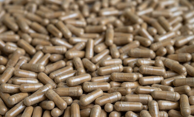 Close up of Light Brown Capsules Filled with Natural Supplement Powder