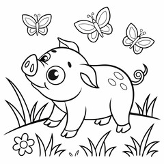 Vector illustration of Cute Children's Farm Coloring Page - Pig And Butterflies of coloring page black and white