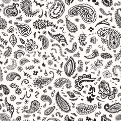 Monochrome paisley seamless repeat pattern. Random placed, vector hand drawn heritage, bohemian floral aop, all over surface print on white background.