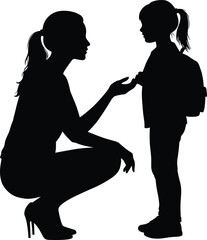 vector illustration of mother talking to child with backpack, silhouette design, parenting moment, family care, educational support, emotional bond graphic.
