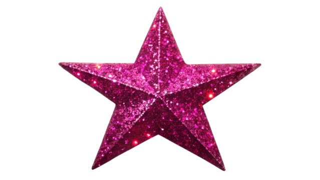 Photo of a single pink glittery star with five points, isolated on a transparent background, sparkling with light and ready for festive decoration or celebration