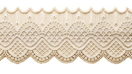 Photo of closeup of a delicate, ornate, and intricate lace trim with a scalloped edge, showcasing its detailed pattern and texture on a transparent background