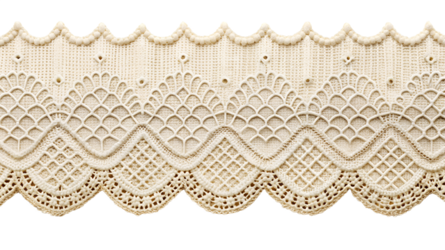Photo of closeup of a delicate, ornate, and intricate lace trim with a scalloped edge, showcasing its detailed pattern and texture on a transparent background