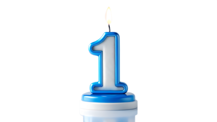 Photo of a blue and white birthday candle shaped like the number one, lit with a flame, isolated on a transparent background, symbolizing a first birthday or anniversary