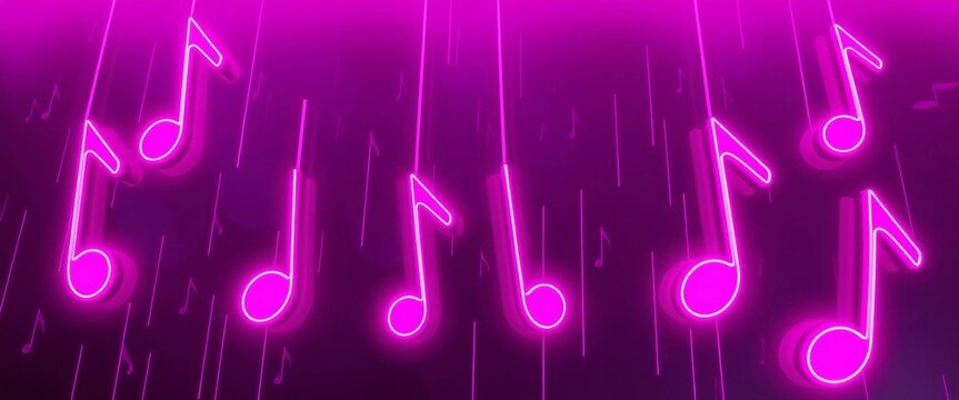 Leuchtende pinke Musiknoten auf dynamischem Hintergrund &ndash; fantasievolles Musikdesign mit kreativer Energie und k&uuml;nstlerischem Schwung.