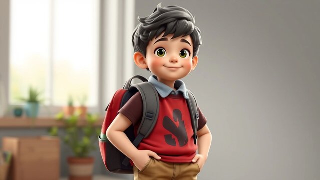 S&uuml;&szlig;er 3D-Cartoon-Junge mit Schulrucksack, freundlich l&auml;chelnd &ndash; perfekt f&uuml;r Bildungsprojekte, Kinderb&uuml;cher oder Lernmaterialien.