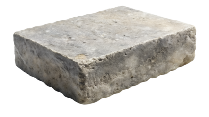Photo of a single rectangular stone brick with a rough, weathered texture and graybrown color, isolated on a transparent background, representing construction material