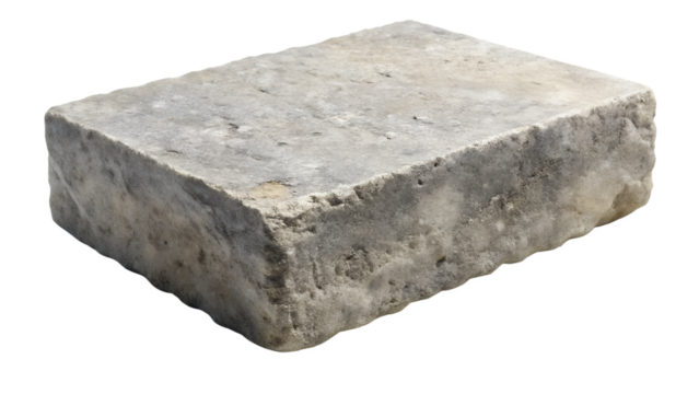 Photo of a single rectangular stone brick with a rough, weathered texture and graybrown color, isolated on a transparent background, representing construction material