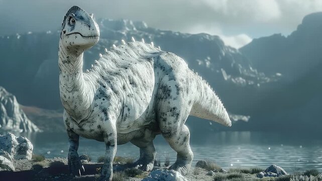 Majestic White Speckled Dinosaur Surveys a Vast Prehistoric Mountain Lake Landscape