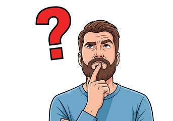 A bearded man ponders a difficult question his brow furrowed in deep thought against a clean white