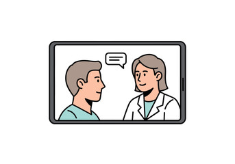 A patient consults with a doctor online via tablet for a telehealth checkup in a clean and simple
