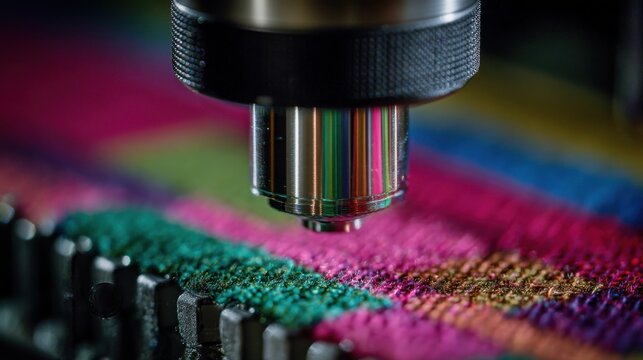 A macro shot of intricate fabric textures being analyzed by a NIR scanner highlighting the detailed scans of color variations and fiber compositions essential for effective recycling